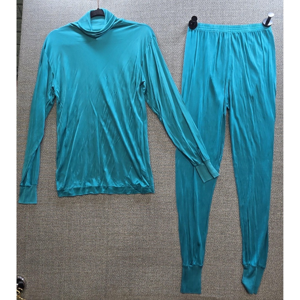 Vintage Gander Mountain 100% Silk Base Layer Set M Turquoise Turtleneck Long Joh